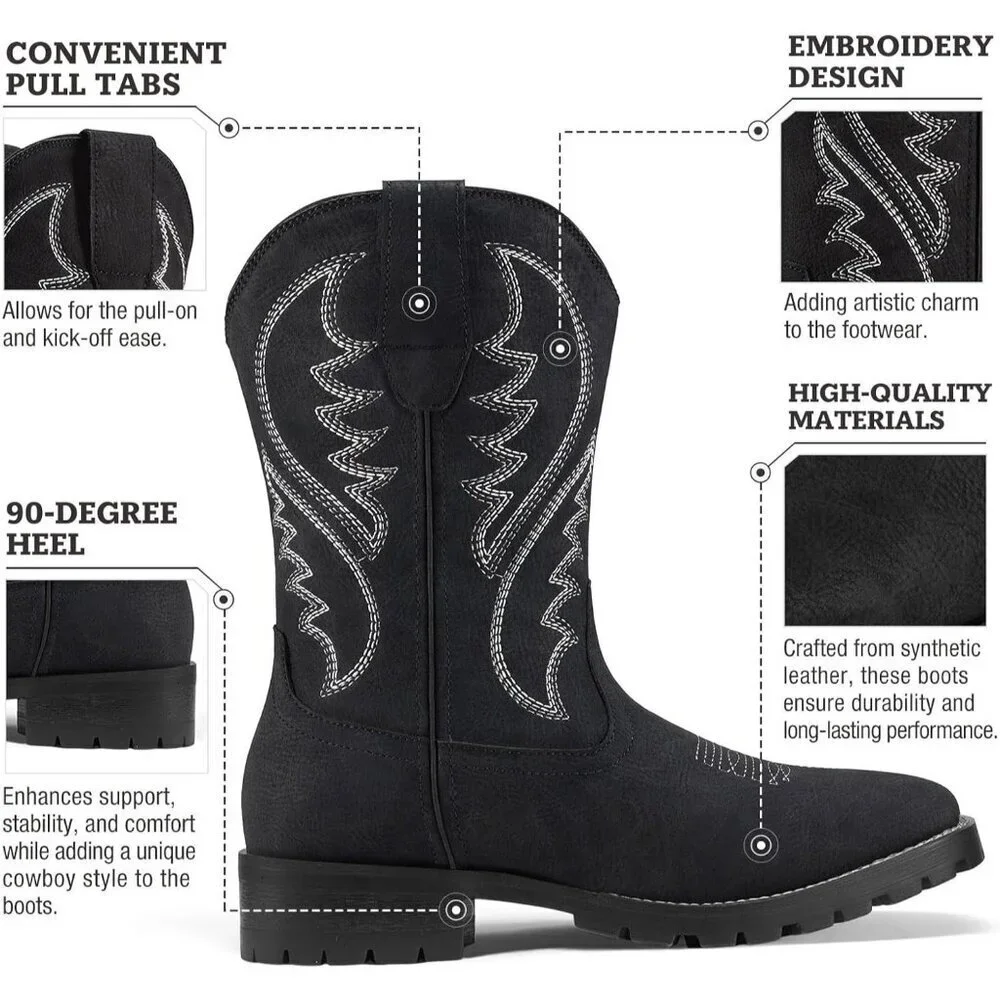 Men's Black Square Toe Chunky Heel Mid-calf Classic Embroidered Pull On Boots